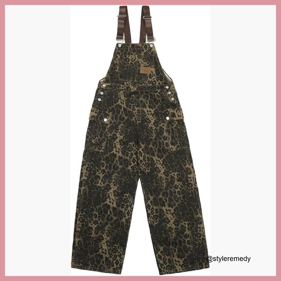 Denim - Leopard Print Denim Overalls, Loose Fit Wide Leg Jumpsuit